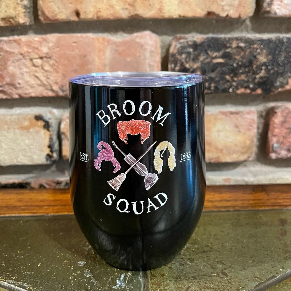 Disney BROOM SQUAD Hocus Pocus Black Stainless Steel Wine Glass with Lid NEW!!